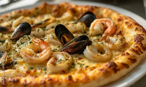 A seafood pizza with shrimp, mussels, and cheese. photo