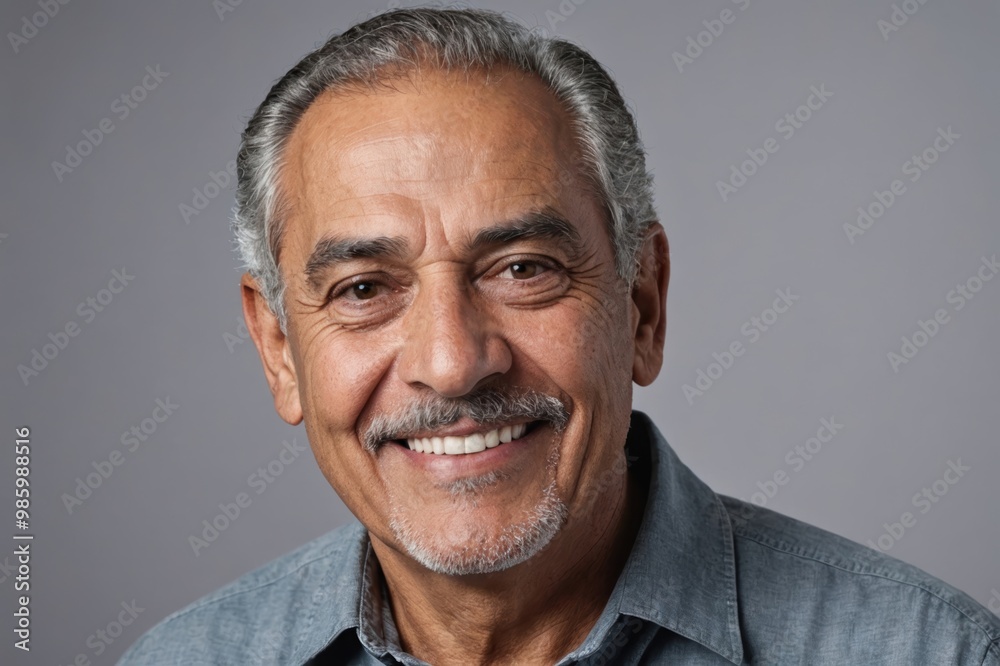 Full framed very close face portrait of a smiling senior hispanic man with gray eyes looking at the camera, studio shot,gray background. Full framed very close face portrait of a smiling senior hispanic man with gray eyes looking at the camera, studio shot,gray background.