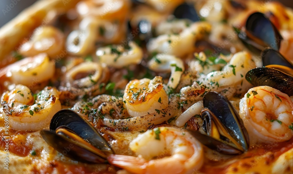 Seafood pizza with shrimp, mussels, and squid. Seafood pizza with shrimp, mussels, and squid.