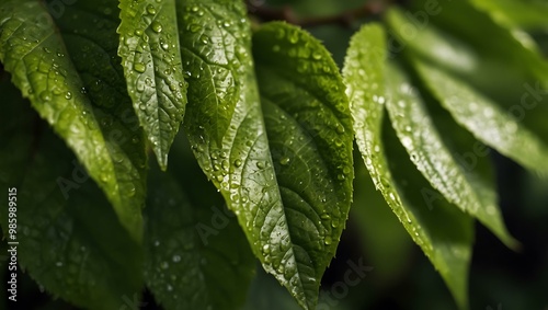 Macro shot of fresh green leaves, ideal for nature designs.