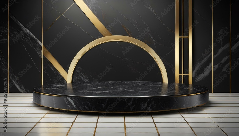 Black marble product display on luxury background with geometric backdrops studio. Empty pedestal or podium. 3D Rendering. Black marble product display on luxury background with geometric backdrops studio. Empty pedestal or podium. 3D Rendering.