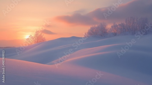 Sunlit Snowy Hills with Silhouettes of Frosted Trees at Sunrise