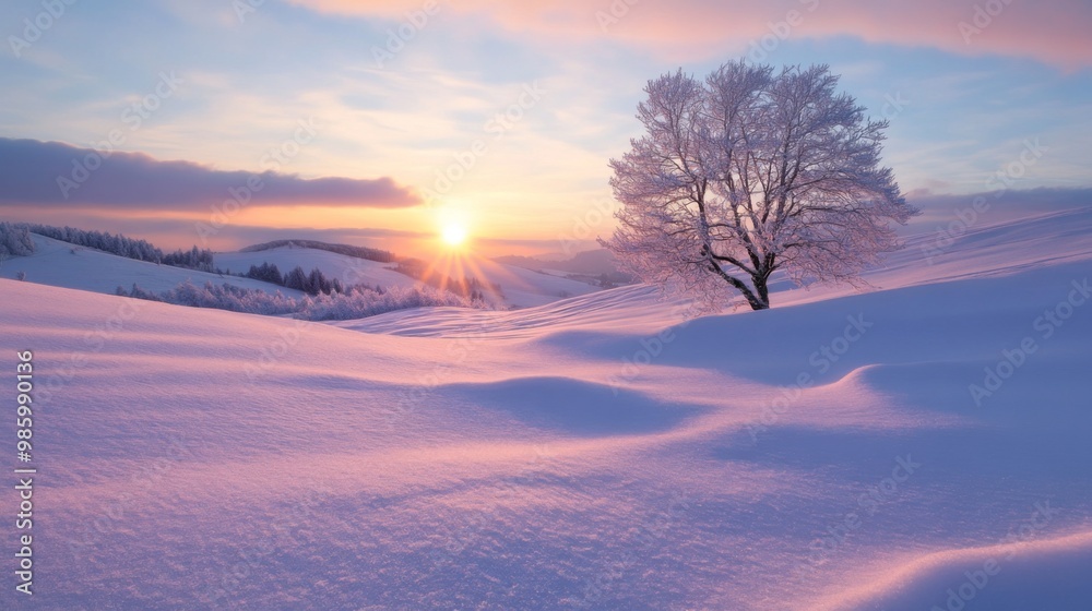 Solitary Frosted Tree on Snowy Hills at Sunset Solitary Frosted Tree on Snowy Hills at Sunset