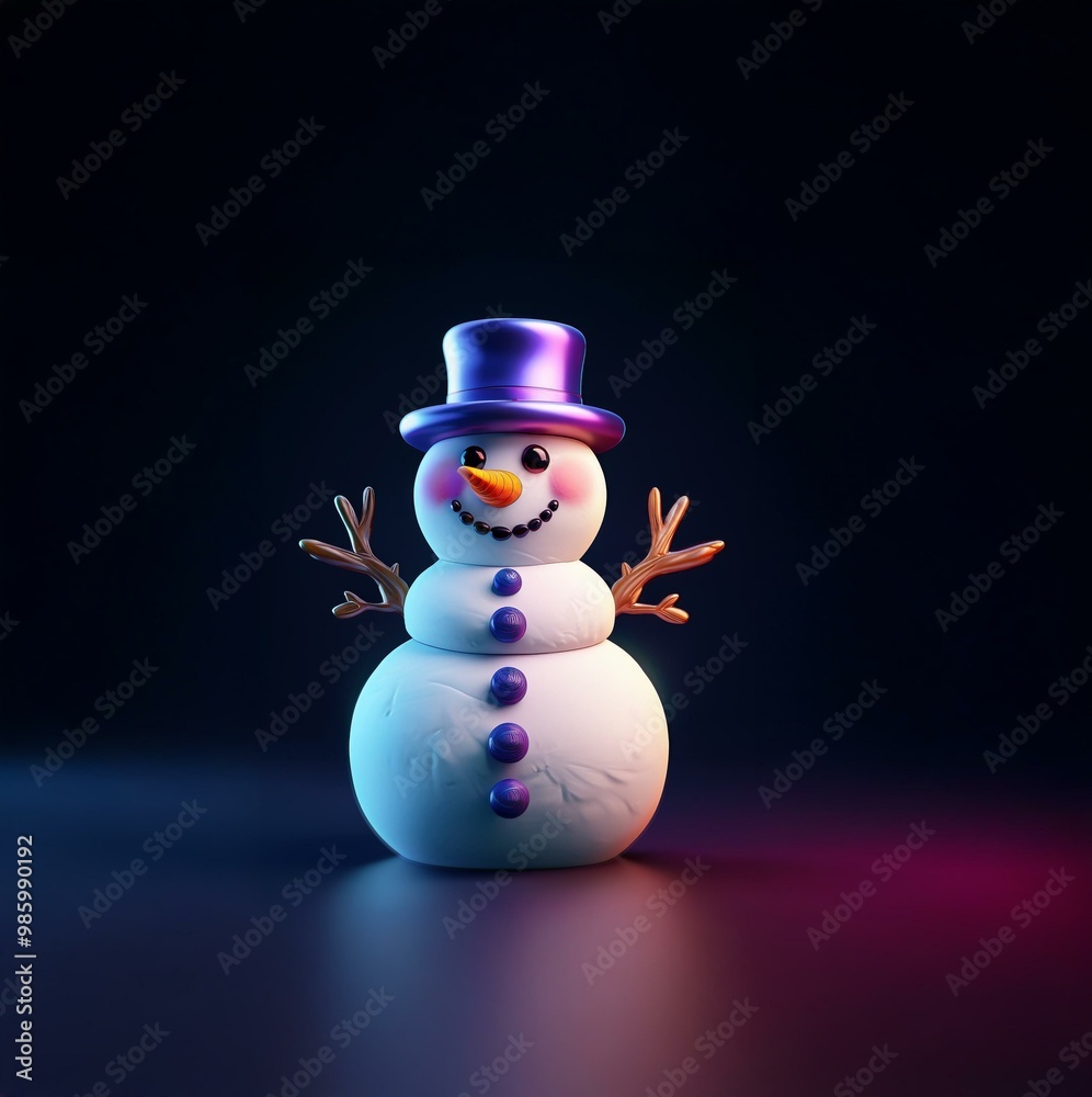 Smiling snowman with a purple hat and orange carrot nose stands on a dark blue background. Smiling snowman with a purple hat and orange carrot nose stands on a dark blue background.