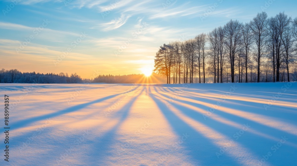 Sunset Illuminates Snowy Field with Tree Silhouettes Sunset Illuminates Snowy Field with Tree Silhouettes