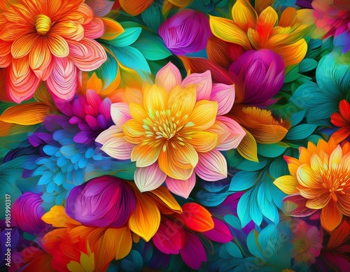 Blooming colorful flowers pattern background.