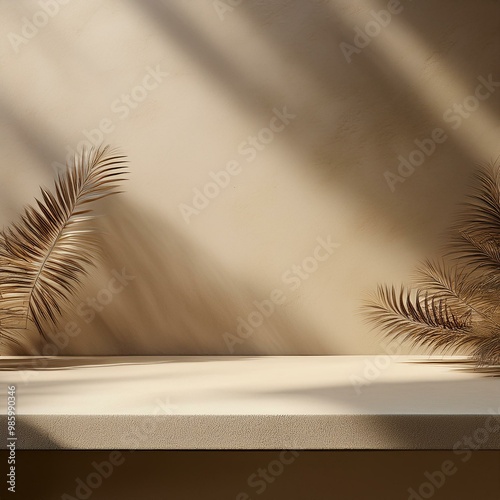 Blank beige brown cement curve counter podium with texture, soft beautiful dappled sunlight, leaf shadow on white wall for luxury organic cosmetic, skincare, beauty treatment product background 3D. photo