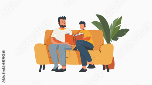 Father and Son Reading Book Together on Couch