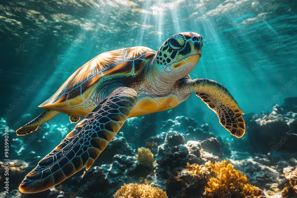 Fototapeta premium majestic green sea turtle gliding through crystalclear tropical waters vibrant coral reef backdrop shimmering sunlight filtering through underwater photography style