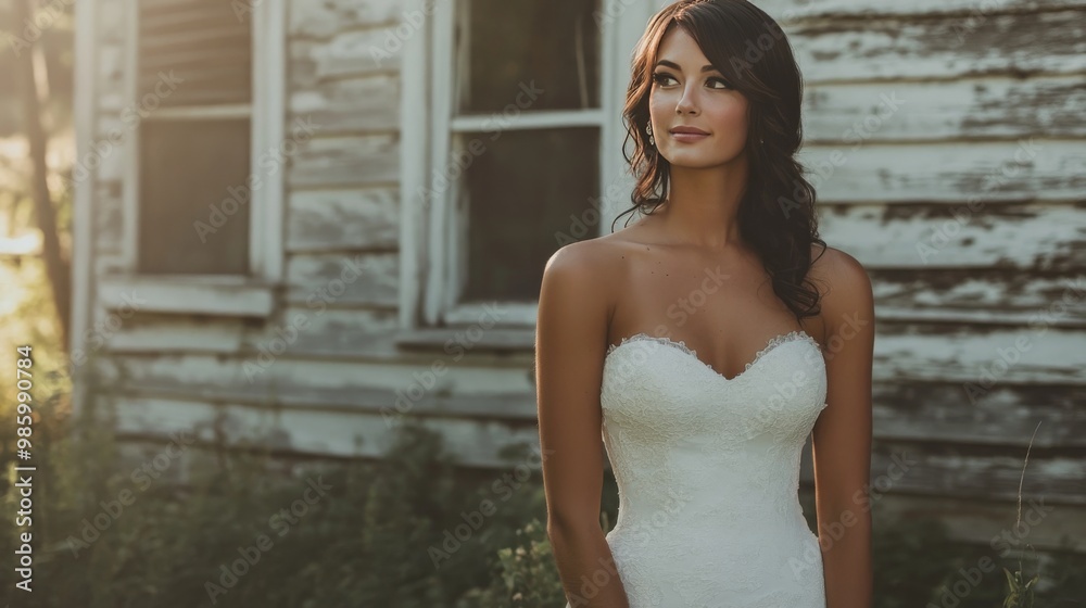 Brunette bride poses by old house. Brunette bride poses by old house.