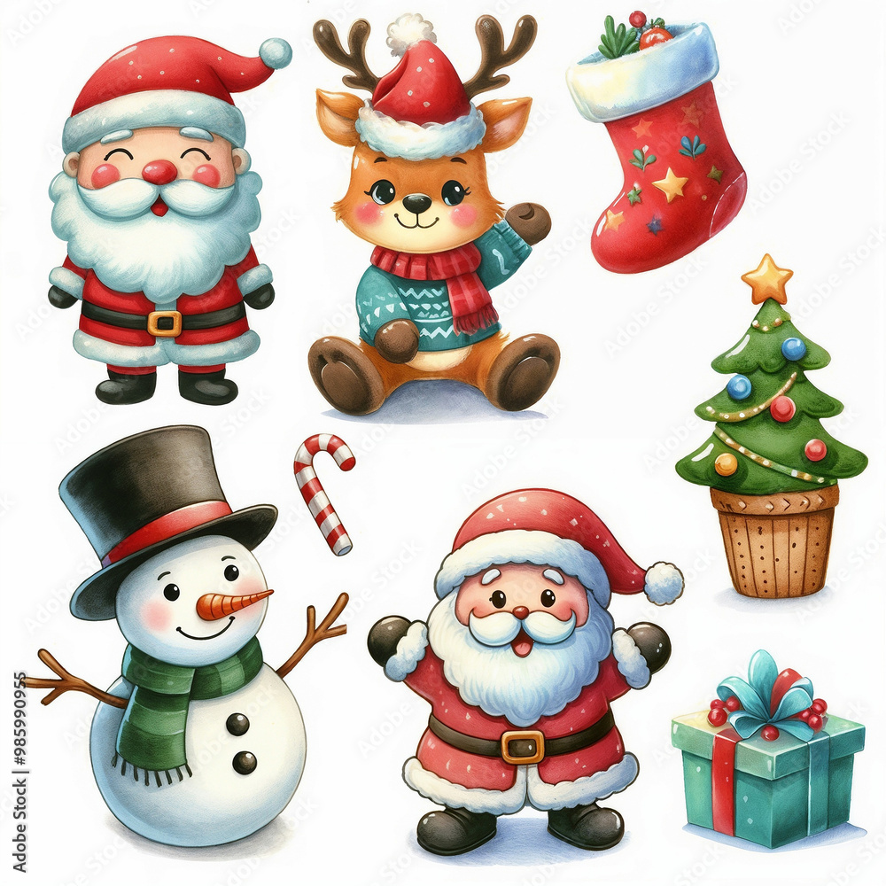 Set of cute cartoon christmas elements on white background. AI