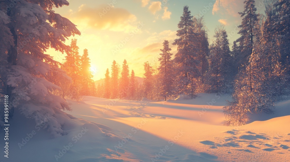 Snowy Forest at Sunset with Golden Light Illuminating the Landscape Snowy Forest at Sunset with Golden Light Illuminating the Landscape