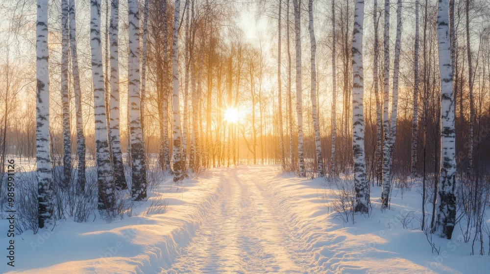 Sunlit Path Through a Snowy Birch Forest at Sunset Sunlit Path Through a Snowy Birch Forest at Sunset