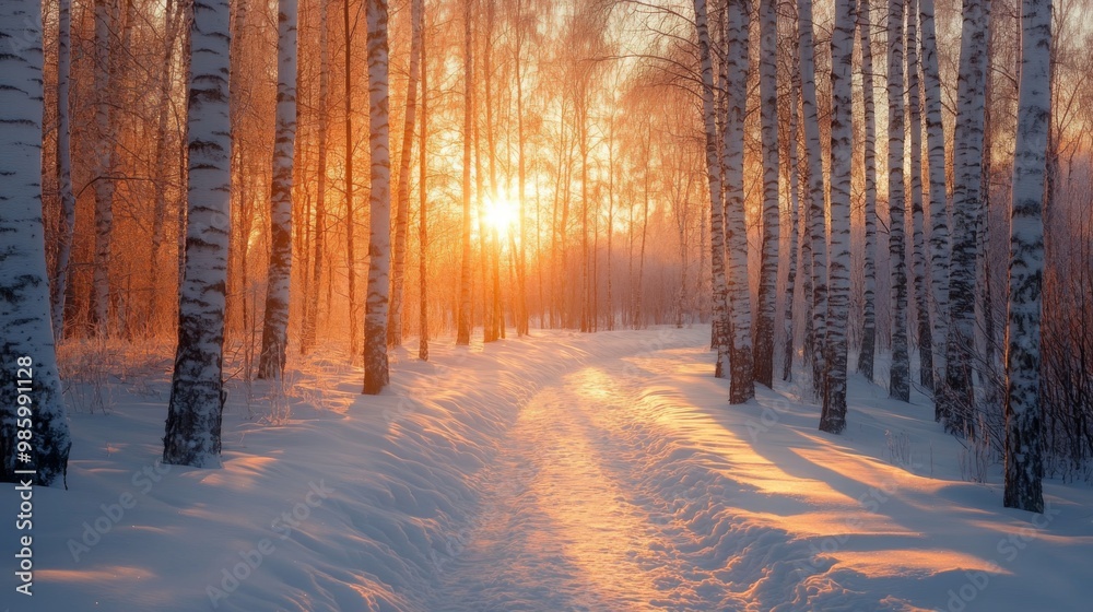 A Path Through a Birch Forest at Sunset in Winter A Path Through a Birch Forest at Sunset in Winter