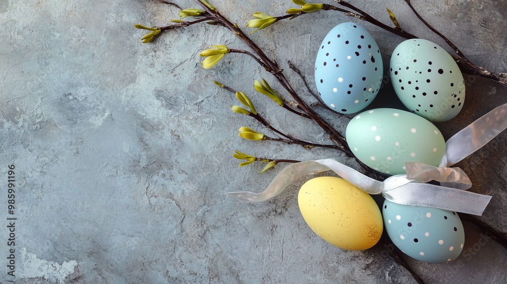 Easter decor on wooden stand, stone background. Easter decor on wooden stand, stone background.