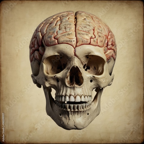 Vintage skull with human brain