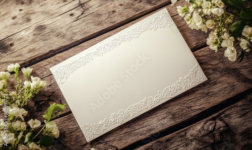 White card with lace border on rustic wood.