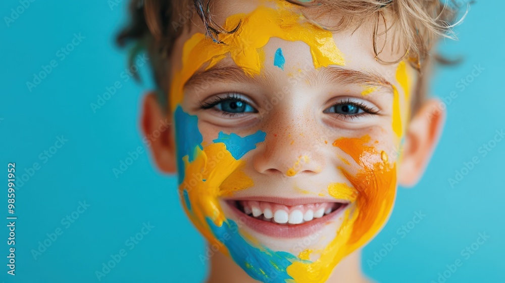A young boy grinning widely with his face painted in vivid colors, against a bright blue background, capturing a moment of pure happiness and artistic expression. A young boy grinning widely with his face painted in vivid colors, against a bright blue background, capturing a moment of pure happiness and artistic expression.