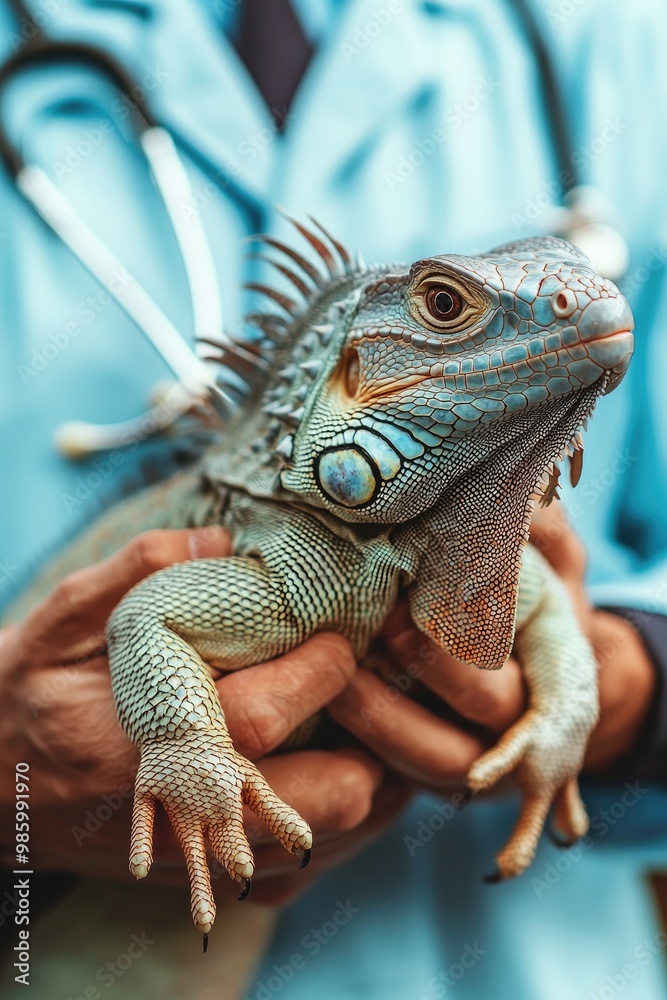 Fototapeta premium the veterinarian holds a small iguana in his hands. Selective focus