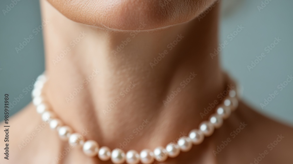 A close-up photograph focusing on a delicate pearl necklace adorning a woman's neck, capturing elegance, beauty, and the timeless elegance of classic jewelry. A close-up photograph focusing on a delicate pearl necklace adorning a woman's neck, capturing elegance, beauty, and the timeless elegance of classic jewelry.