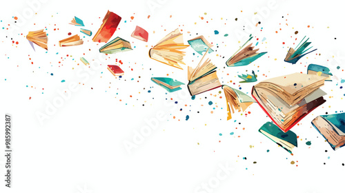 Abstract Flying Books Mixed Media Flat Vector Illustration