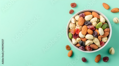 Assorted Bowl of Mixed Nuts and Dried Fruit on Pastel Green Background with Copy Space photo