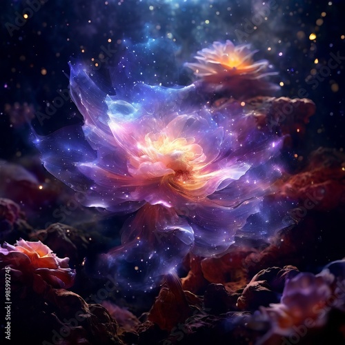 A mesmerizing cosmic flower, with delicate petals radiating a soft, colorful glow, blooms in the depths of space. The ethereal beauty of this celestial phenomenon is enhanced by the starry background