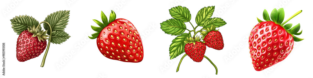 Close up view of freshly picked ripe red juicy strawberries with green leaves and stems against a clean white background Healthy organic and nutritious berry fruit for eating Close up view of freshly picked ripe red juicy strawberries with green leaves and stems against a clean white background Healthy organic and nutritious berry fruit for eating