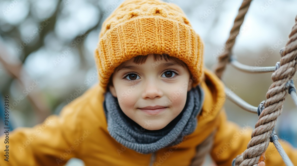 A young child bundled in a cozy yellow jacket and knit hat explores the playground ropes, reflecting a sense of adventure and childhood imagination in a wintry setting. A young child bundled in a cozy yellow jacket and knit hat explores the playground ropes, reflecting a sense of adventure and childhood imagination in a wintry setting.
