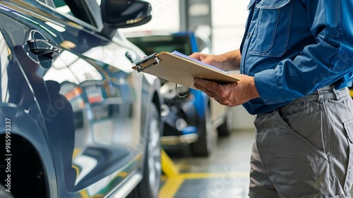 A qualified technician inspects a blue car in a well-lit garage, showcasing professionalism in automotive maintenance. scene highlights car inspections and repair themes.