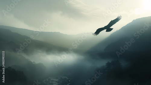 A hippogriff soaring above a misty valley at dawn photo