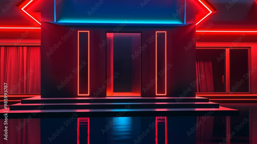 A striking digital image of a modern house with a triangular roof, illuminated by vibrant neon lights. Bright red and blue accents enhance its sleek design, ideal for urban living themes. A striking digital image of a modern house with a triangular roof, illuminated by vibrant neon lights. Bright red and blue accents enhance its sleek design, ideal for urban living themes.