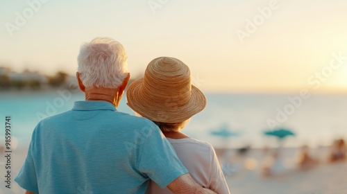 An elderly couple, with the gentleman in blue and lady in hats, embrace while looking at the sunset on a beach, capturing a heartwarming and timeless moment of companionship. photo