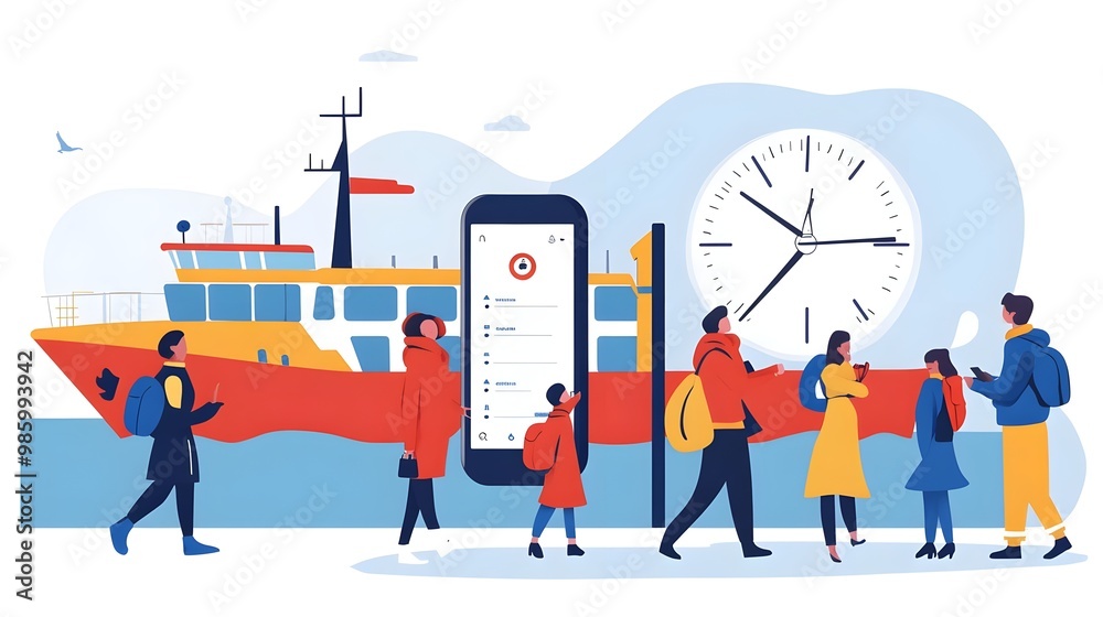 People waiting at a ferry terminal, urban scene People waiting at a ferry terminal, urban scene