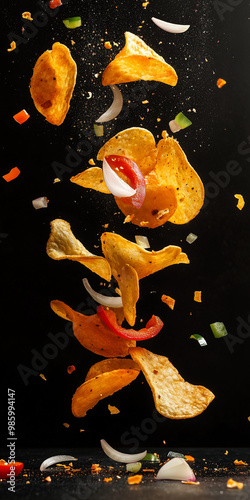 Levitation flying potato chips with onions and peppers on a black background. Advertising concept.
