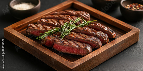 Grilled ramp cap steak on a cutting board. Barbecue Grilled rump cap or brazilian picanha beef meat steak in a wooden tray.