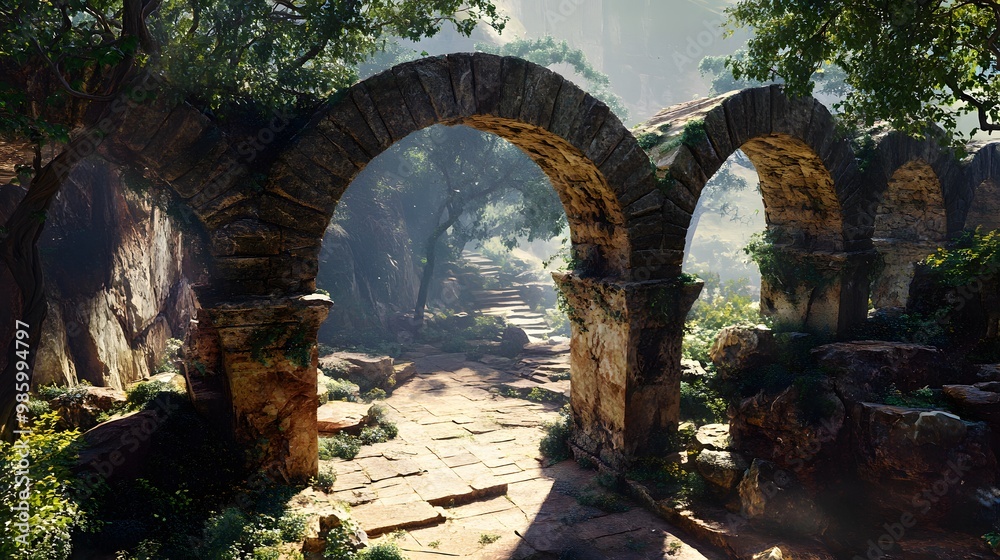 Ancient Stone Arches Leading to a Misty Pathway