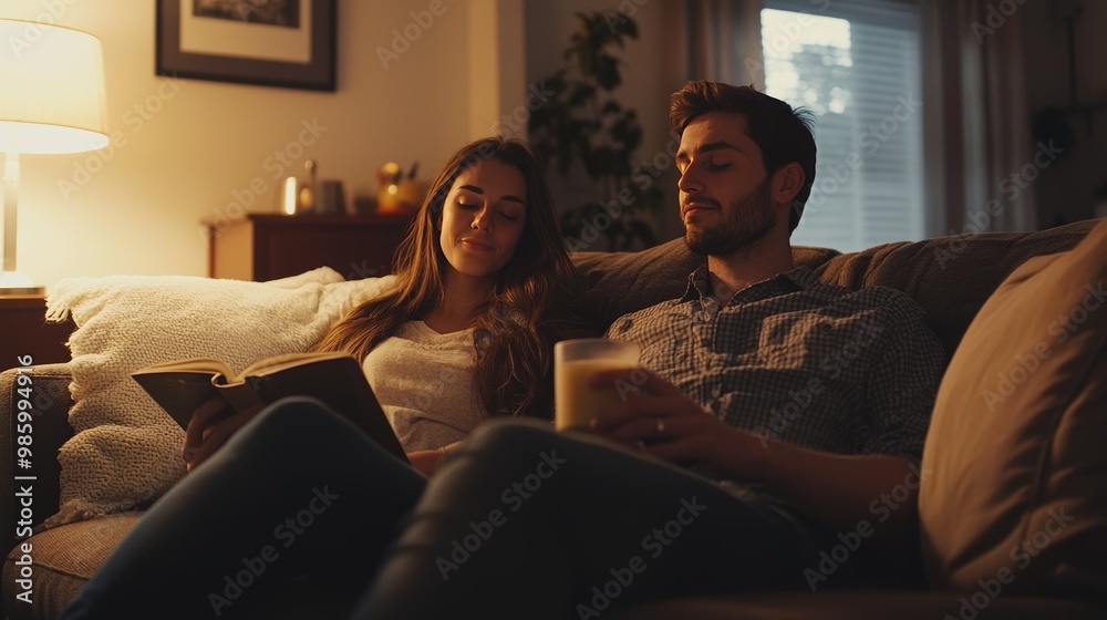 Young Couple Relaxing at Home. Cozy Evening on Sofa. Partners Chilling Together on Couch. Intimate Candid Shot. Young Couple Relaxing at Home. Cozy Evening on Sofa. Partners Chilling Together on Couch. Intimate Candid Shot.
