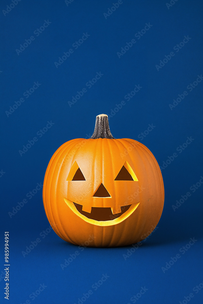 A Halloween pumpkin with a carved face on a blue background, a studio shot, minimalist design. A Halloween pumpkin with a carved face on a blue background, a studio shot, minimalist design.
