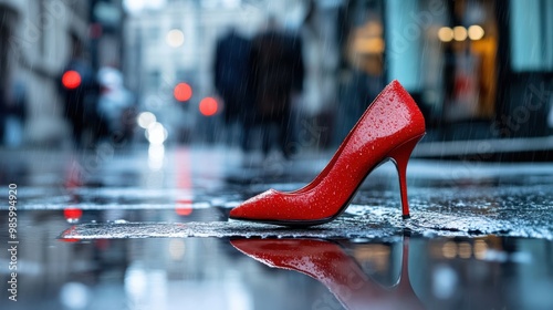 A single red high heel shoe stands on the wet city sidewalk in the rain, with blurred urban buildings and traffic lights visible in the background. photo