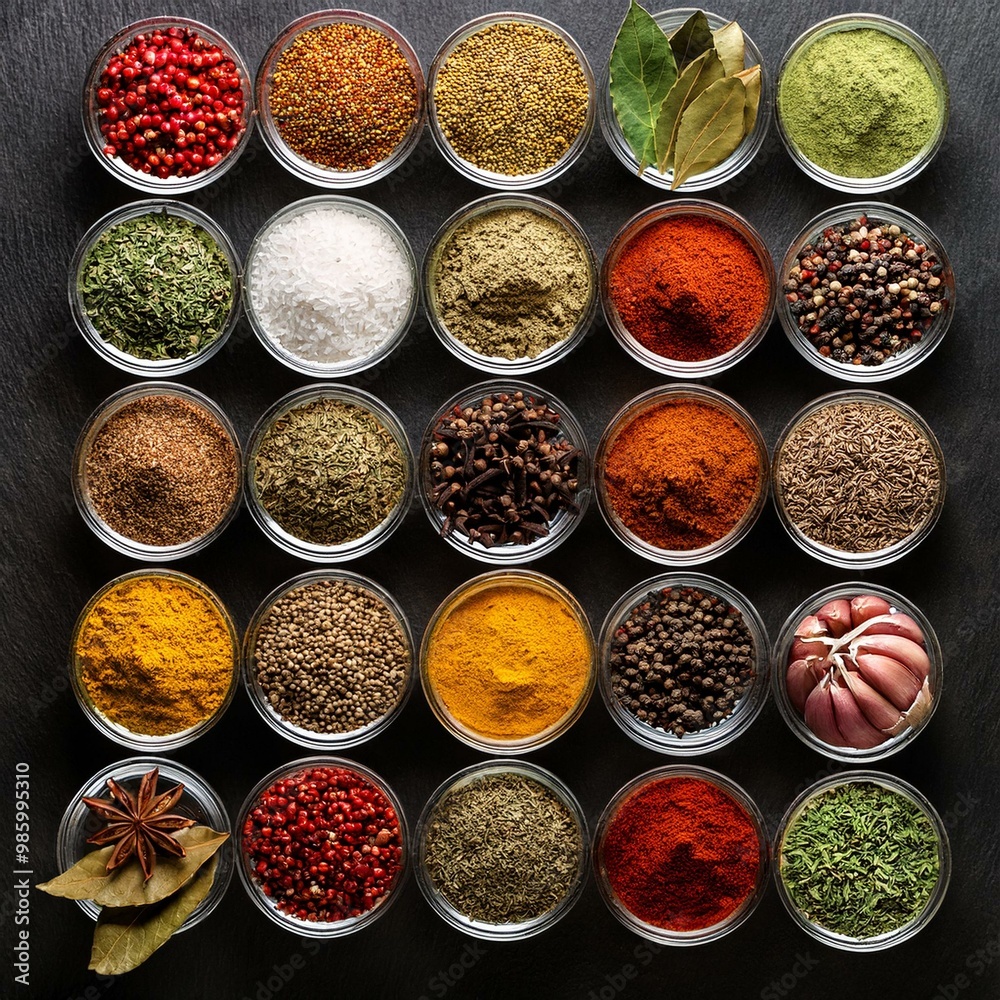 Colourful background from various herbs and spices for cooking in bowls Colourful background from various herbs and spices for cooking in bowls