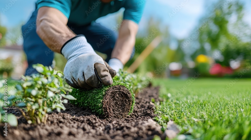 Fototapeta premium An individual wearing gloves is carefully laying down a fresh roll of sod in a garden bed, preparing it for a new patch of vibrant green grass.