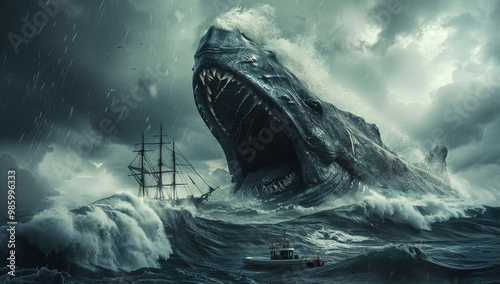 A leviathan breaching the surface of a stormy ocean, towering over a ship photo