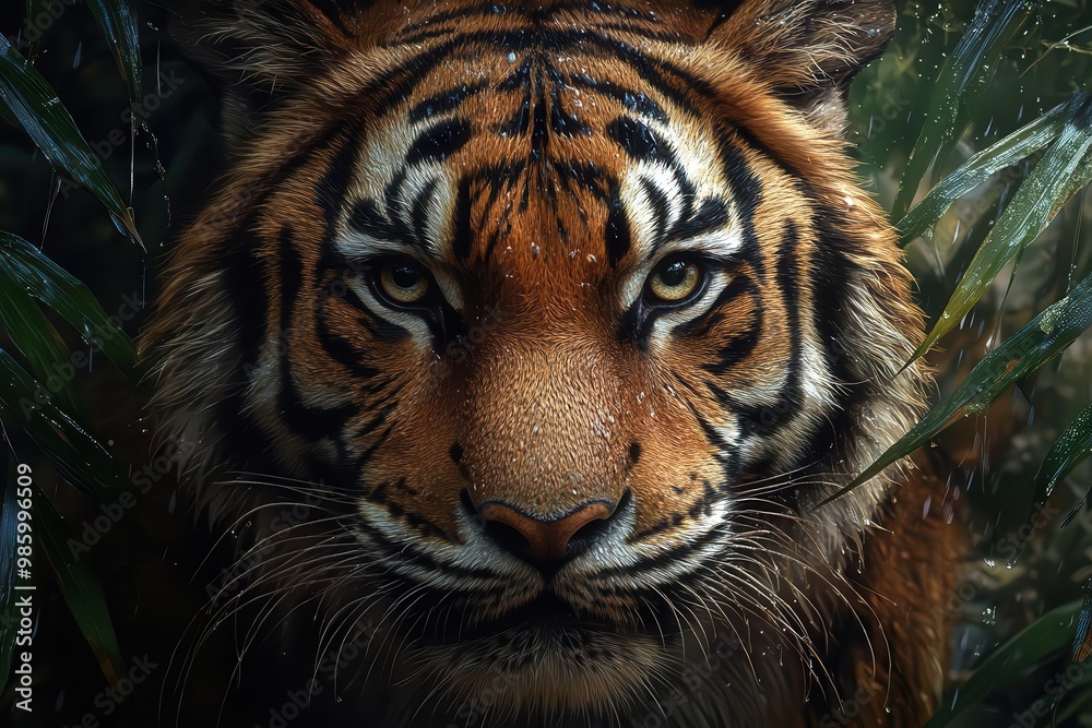 majestic tiger portrait intense gaze textured fur detail dramatic lighting jungle backdrop powerful and regal pose majestic tiger portrait intense gaze textured fur detail dramatic lighting jungle backdrop powerful and regal pose