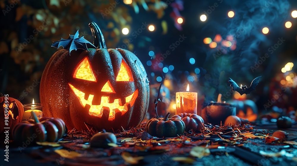 A spooky Halloween scene featuring a glowing jack-o'-lantern surrounded by candles and falling leaves in a dark forest setting A spooky Halloween scene featuring a glowing jack-o'-lantern surrounded by candles and falling leaves in a dark forest setting