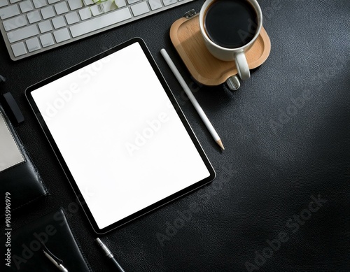 Dark modern workplace with tablet and office supplies on black leather background