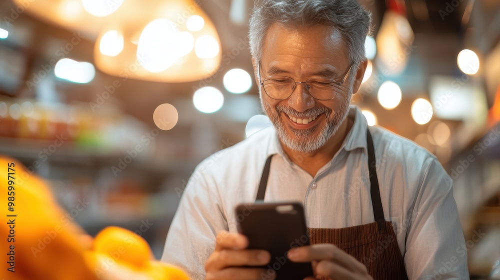 A middle-aged man, wearing an apron, smiles as he browses on his smartphone in the warm ambiance of a bustling local market, conveying joy and connection. A middle-aged man, wearing an apron, smiles as he browses on his smartphone in the warm ambiance of a bustling local market, conveying joy and connection.