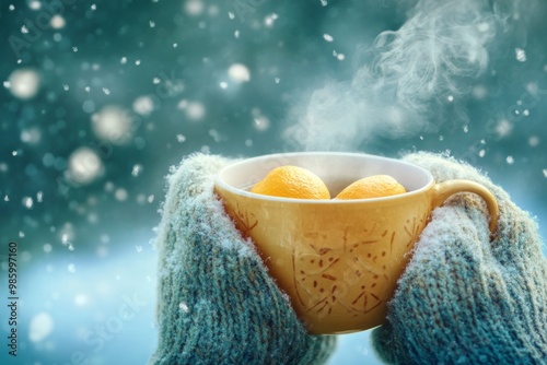 a cozy close-up of a pair of japanese woolen mittens holding a steaming cup of yuzu tea, with a snowy background illustration photo