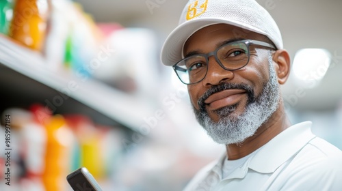 A confident man, dressed in a cap and uniform, stylishly glances at his phone, embodying efficiency and professionalism in a well-stocked store setting. photo