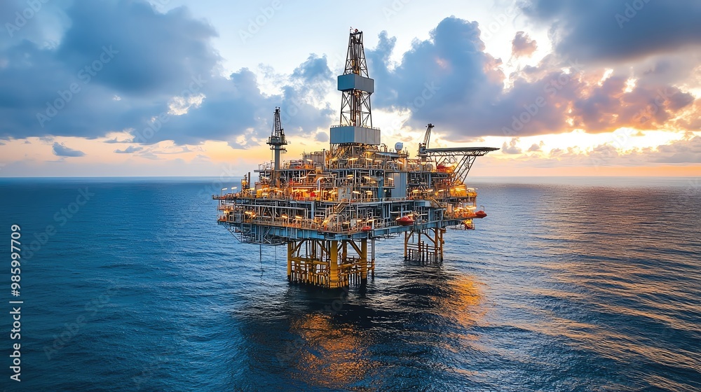 A breathtaking view of an offshore oil rig at sunset, highlighting engineering marvel amid serene ocean waters and dramatic skies. A breathtaking view of an offshore oil rig at sunset, highlighting engineering marvel amid serene ocean waters and dramatic skies.
